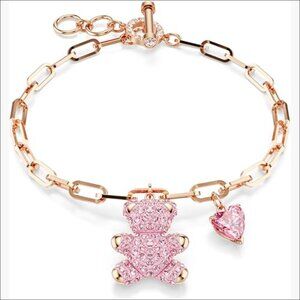 Rose Gold-Tone Finish Teddy Bear Crystal Bracelet with T Bar Clasp